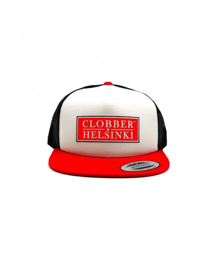 Clobber Helsinki Box Logo Flat Brim Trucker Cap Black/Red/White