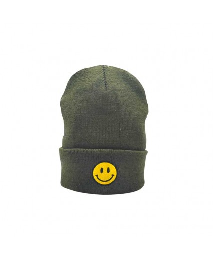 Heavyweight Long Beanie – Smiley Face Olive