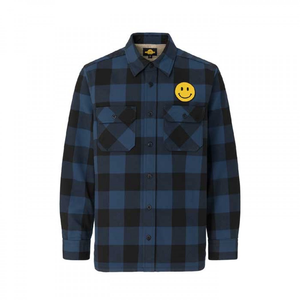 “Smiley Face” Men’s Sherpa-Fleece Lined Flannel Shirt – Blue