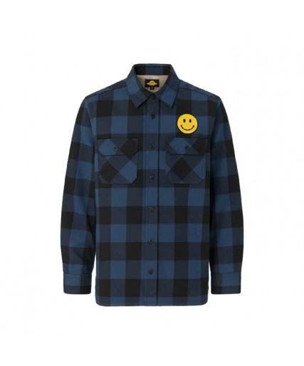 “Smiley Face” Men’s Sherpa-Fleece Lined Flannel Shirt – Blue