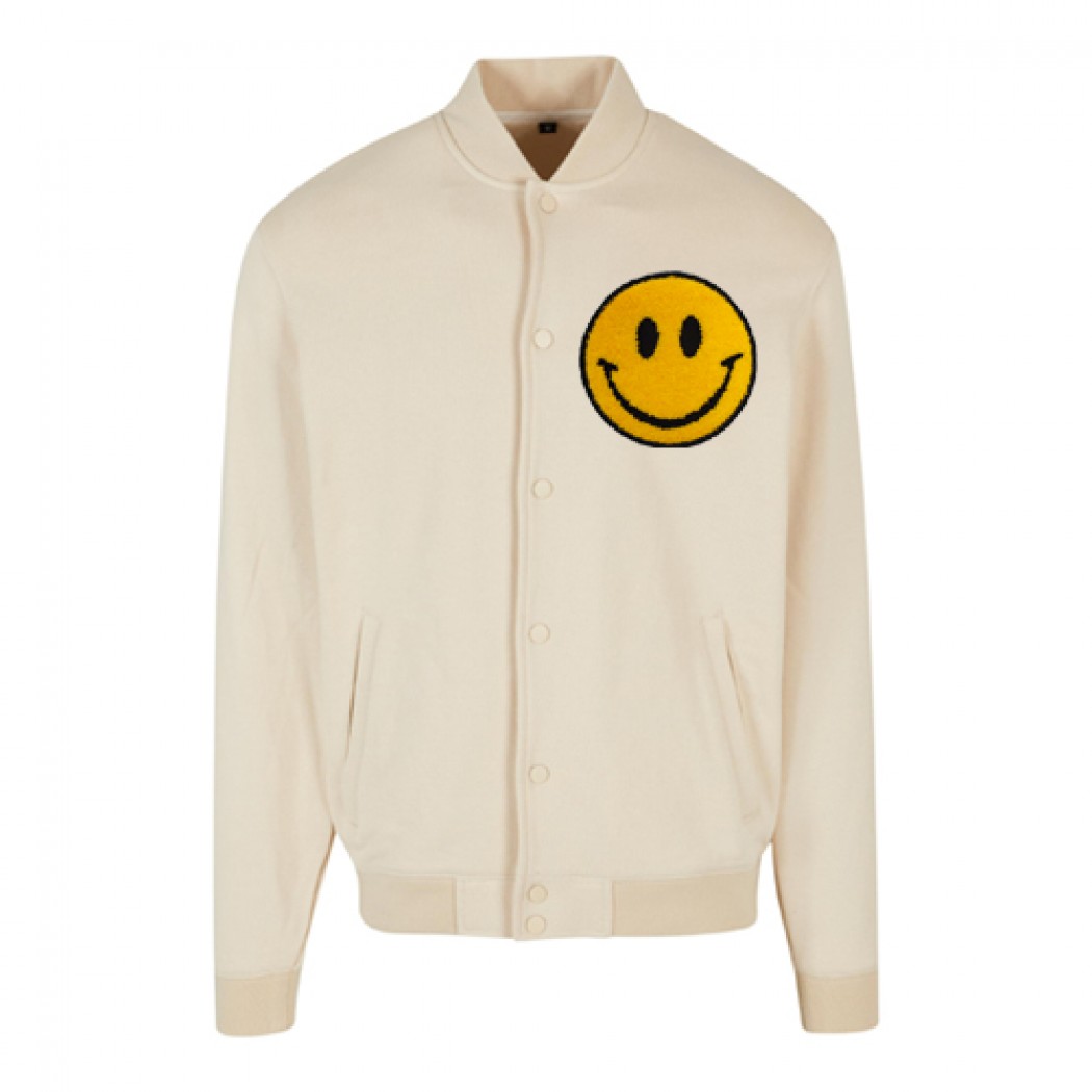 Smiley Face Chenil Application Heavy Tonal College Jacket Sand