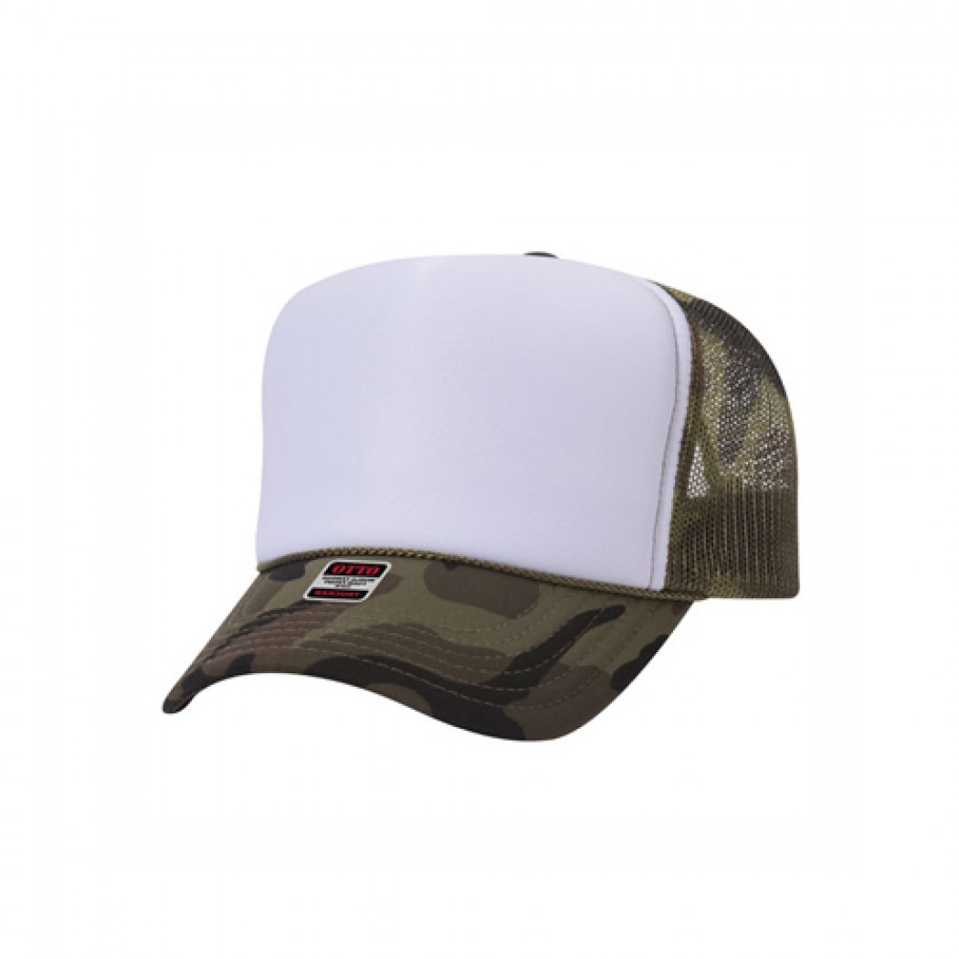 OTTO CAP 5 Panel High Crown Mesh Back Trucker Hat White/Camo