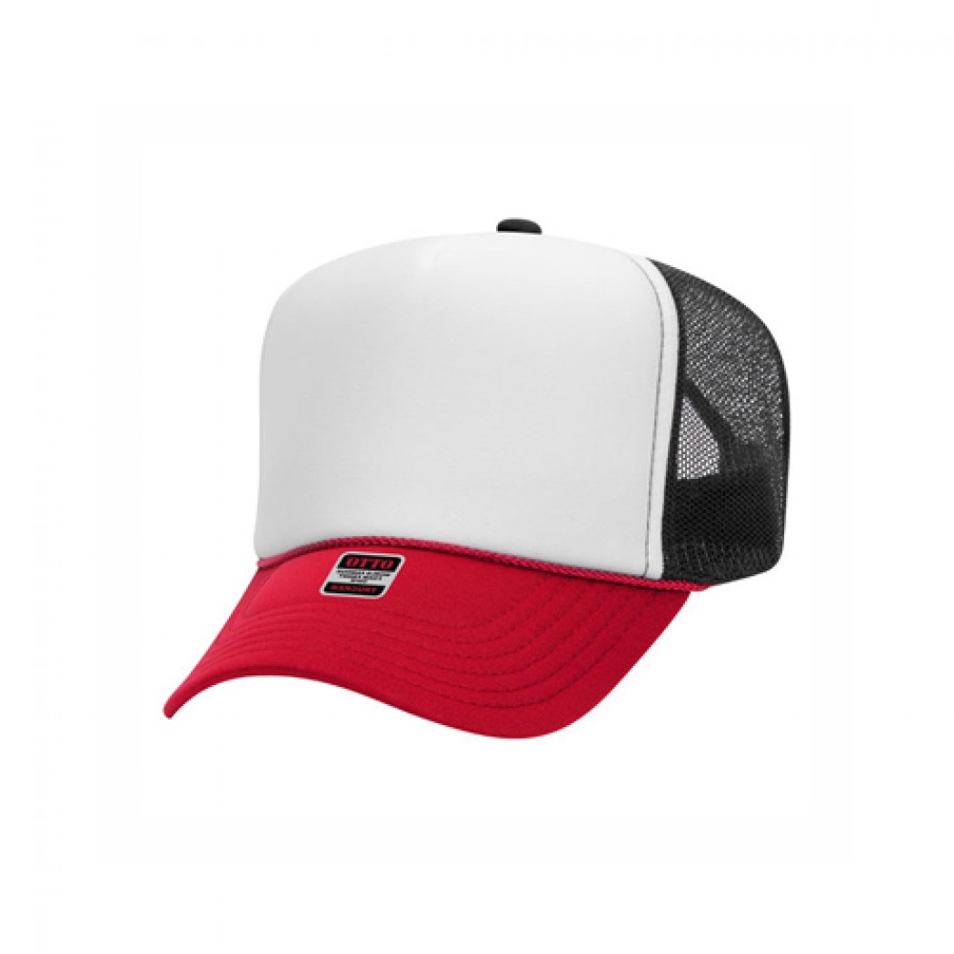 OTTO CAP 5 Panel High Crown Mesh Back Trucker Hat Red/White/Black