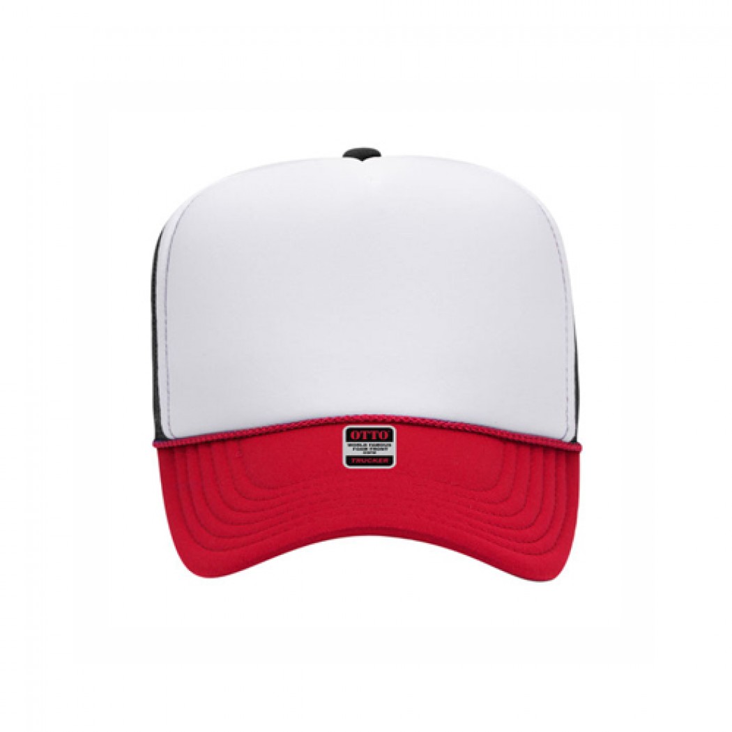 OTTO CAP 5 Panel High Crown Mesh Back Trucker Hat Red/White/Black