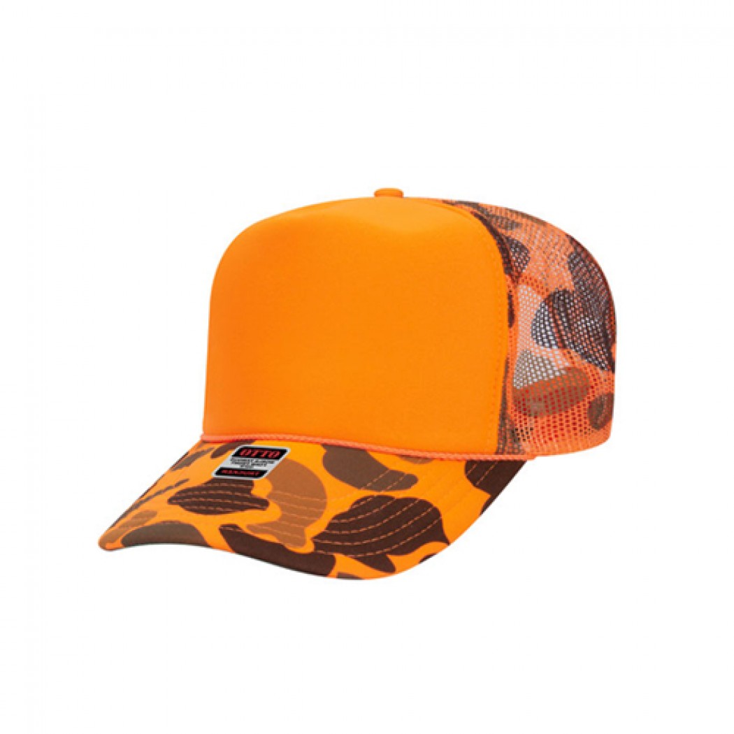 OTTO CAP 5 Panel High Crown Mesh Back Trucker Hat Orange Camo