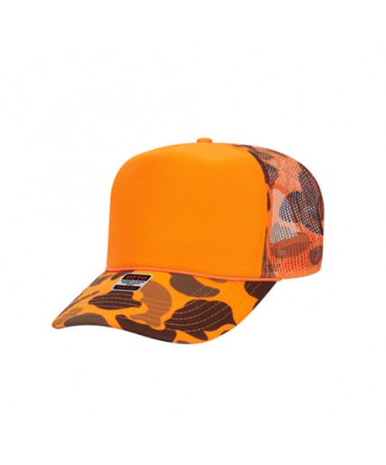 OTTO CAP 5 Panel High Crown Mesh Back Trucker Hat Orange Camo