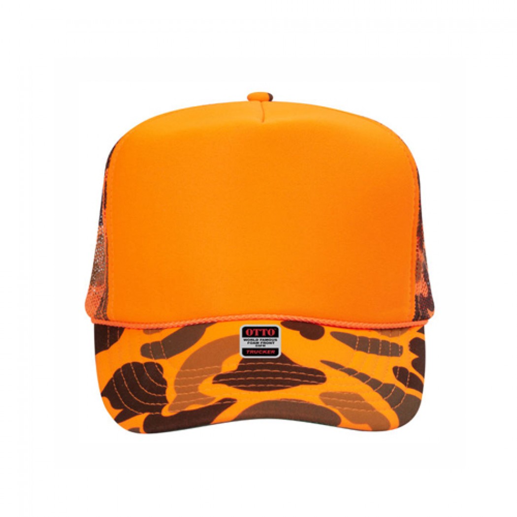 OTTO CAP 5 Panel High Crown Mesh Back Trucker Hat Orange Camo